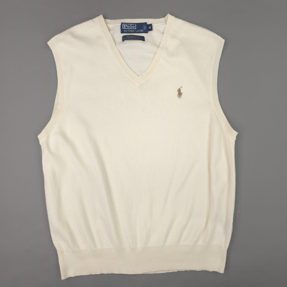 Polo Ralph Lauren Sweater Vest Mens Medium Beige Pima Cotton V Neck Knit Preppy